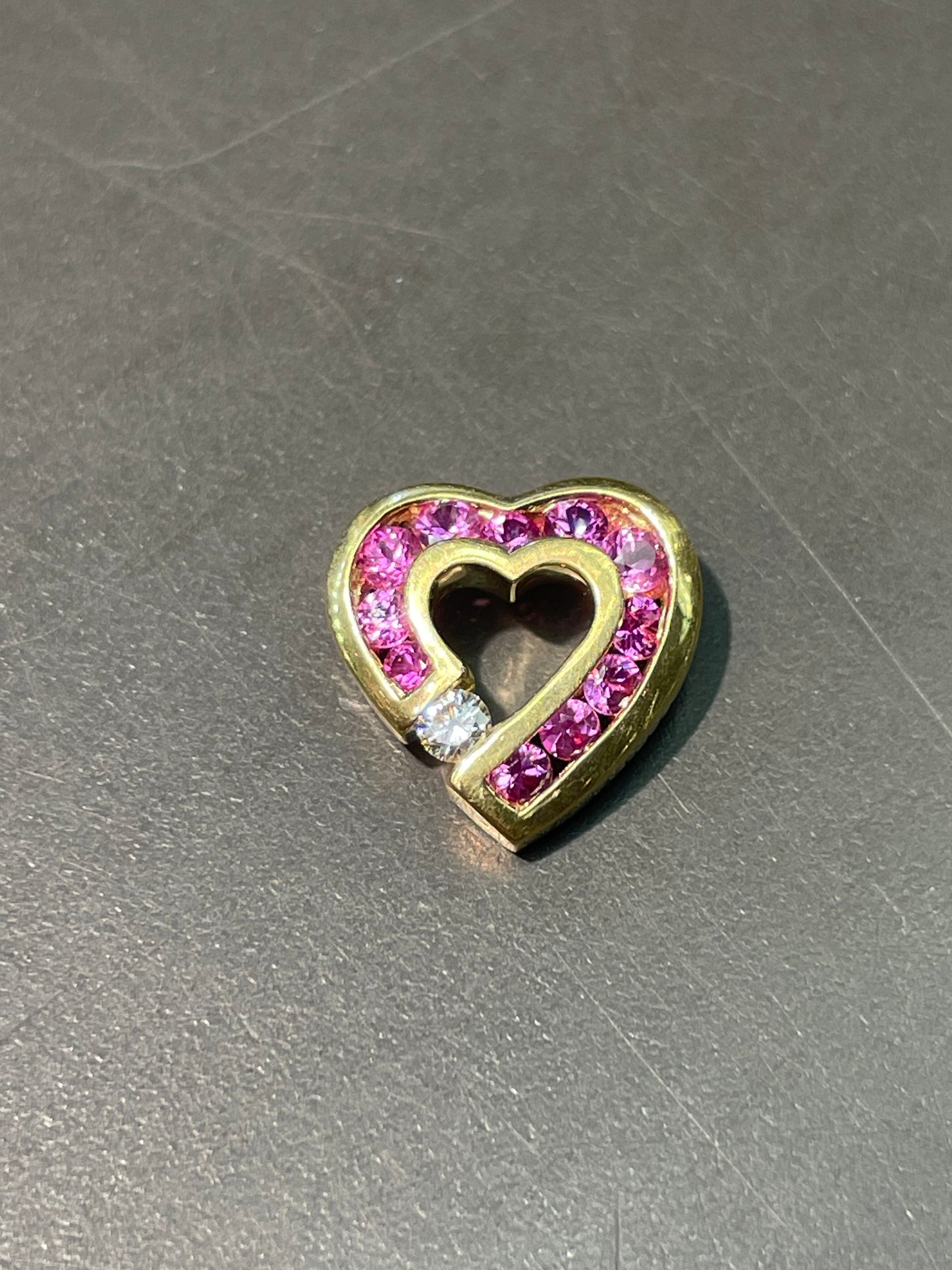 Charles Krypell 18K Gold Pink Sapphire Diamond Heart Slide Pendant