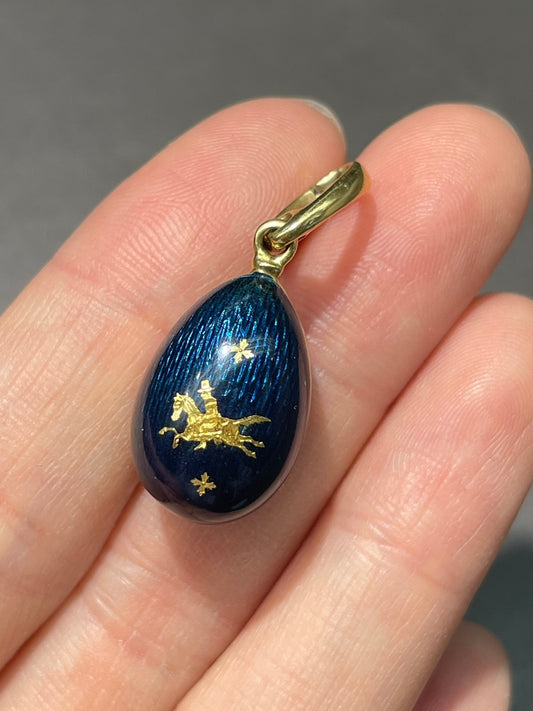 Fabergé 18K Gold Enamel Equestrian Guilloche Egg Pendant