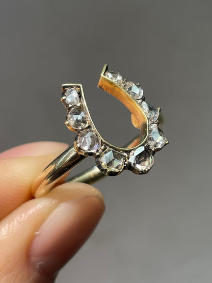 古董 14K 金 0.9 CTW 玫瑰切割钻石马蹄形戒指