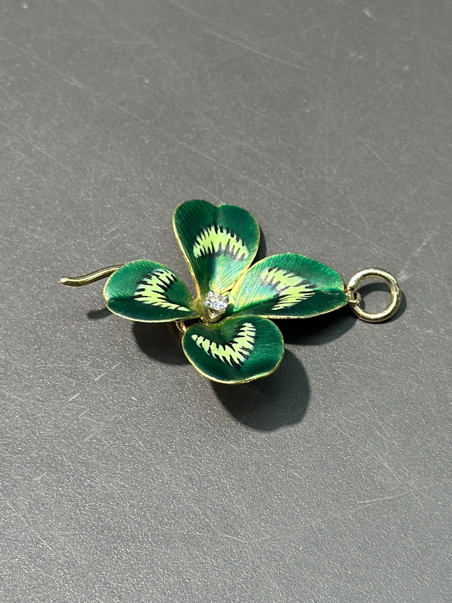 Art Nouveau 14K Gold Green Enamel Clover Pendant Charm