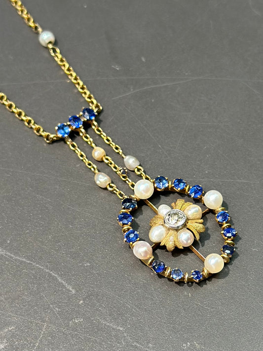 Edwardian 14K Gold Sapphire Pearl Diamond Necklace