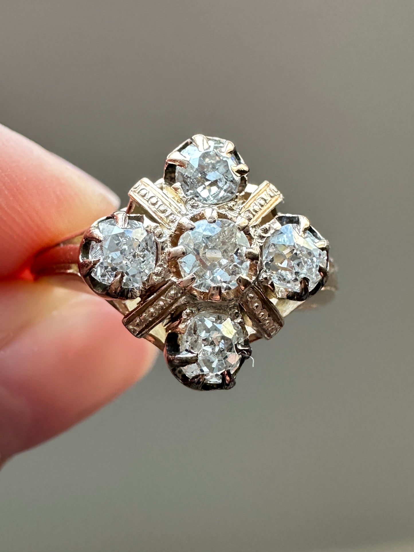 Victorian 15K Gold Old Mine Cut Diamond Quatrefoil Ring