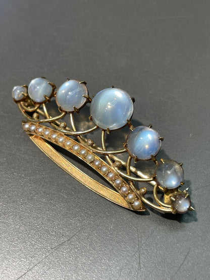 Antique 14K Yellow Gold Ceylon Moonstone Pearl Crown Brooch