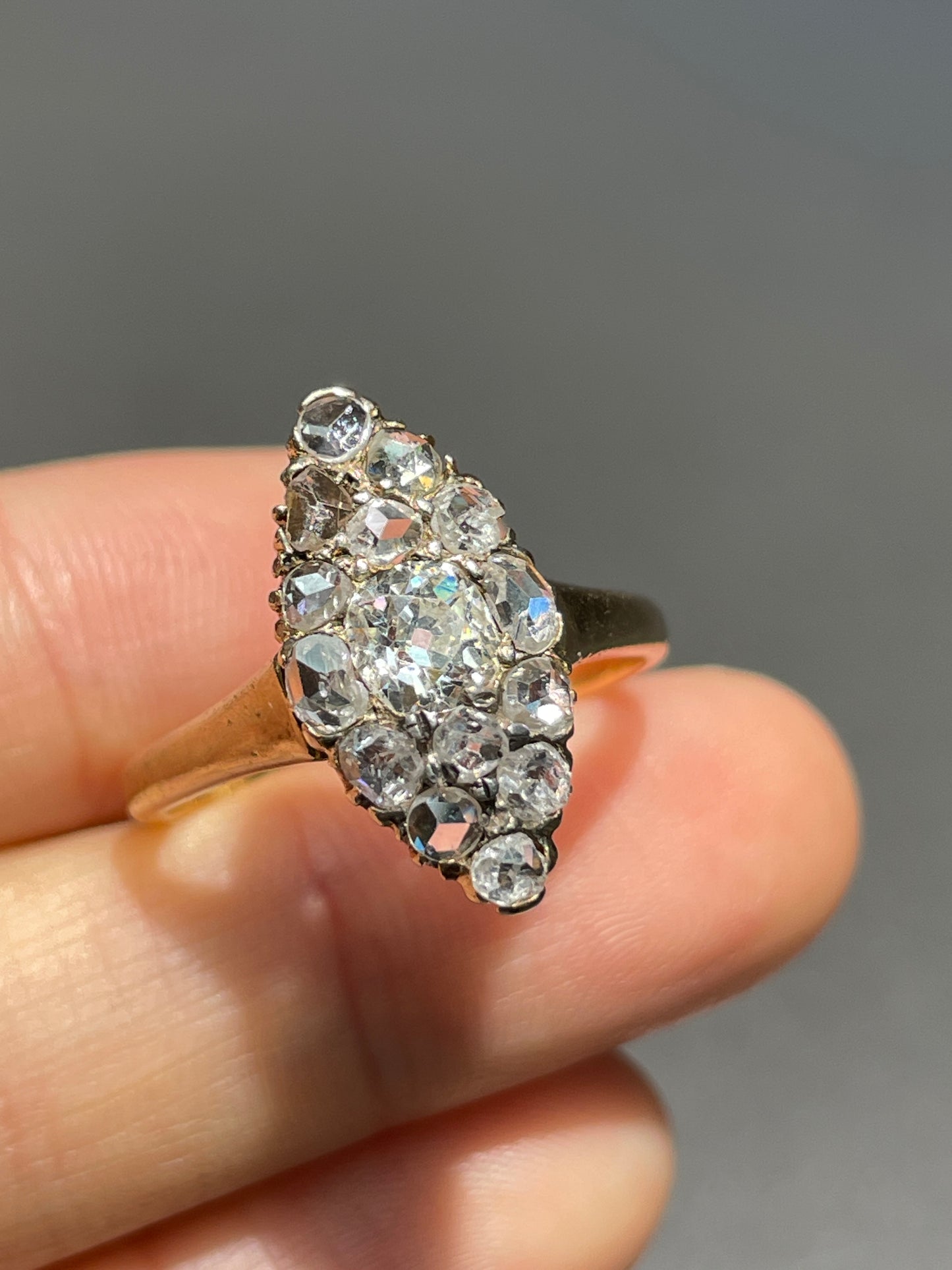 Antique Edwardian 14K Yellow Gold 1.45 CTW Diamond Navette Cluster Ring