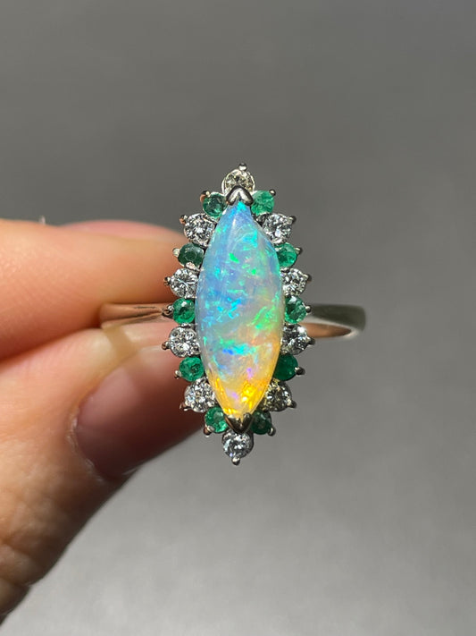 14K White Gold Marquise Opal Diamond Emerald Ring