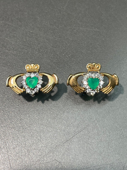Vintage 14K Gold Chrysoprase Diamond Halo Claddaugh Earring