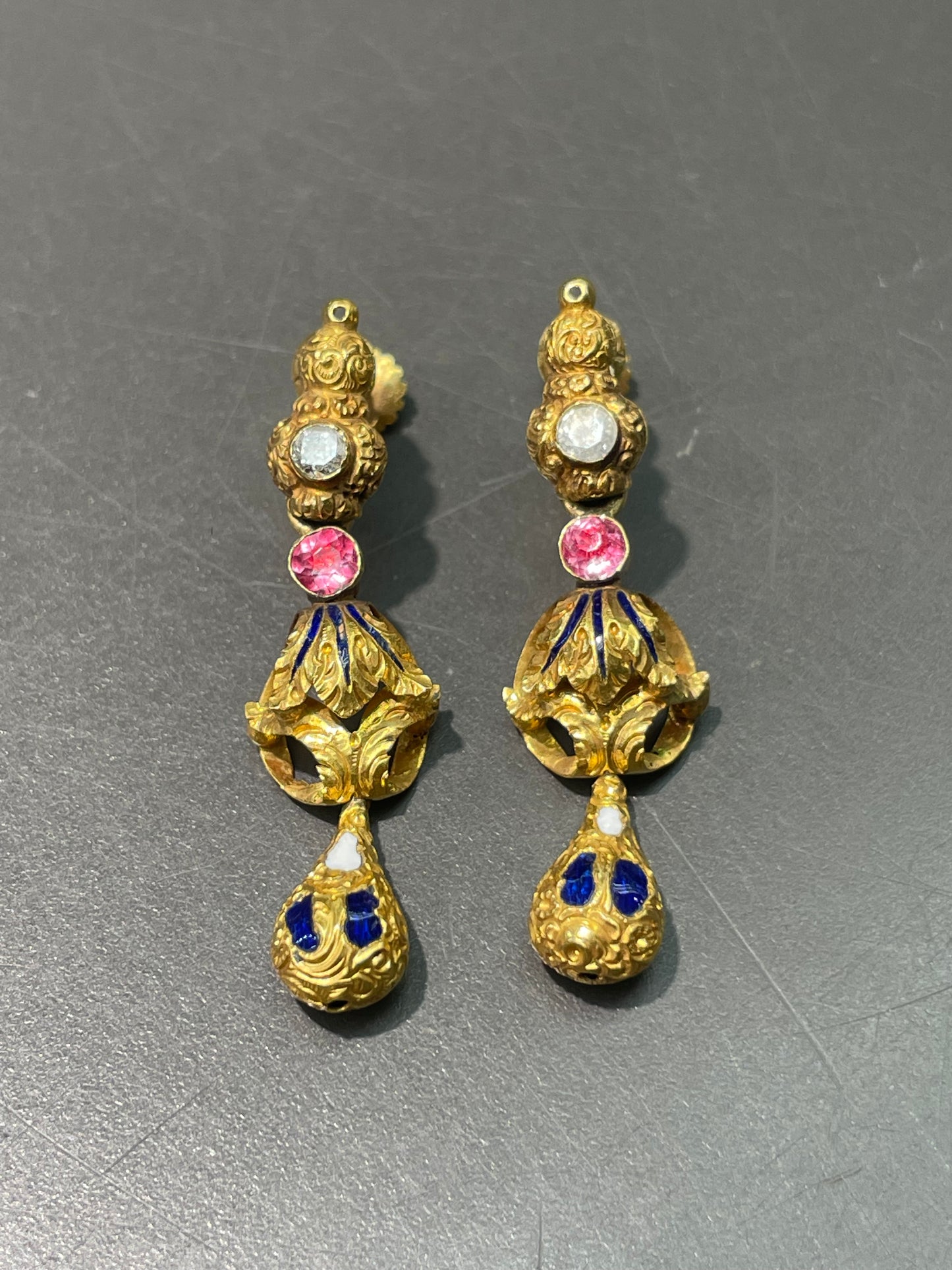 Antique Victorian Etruscan 22K Yellow Gold Diamond Repousse Drop Earring