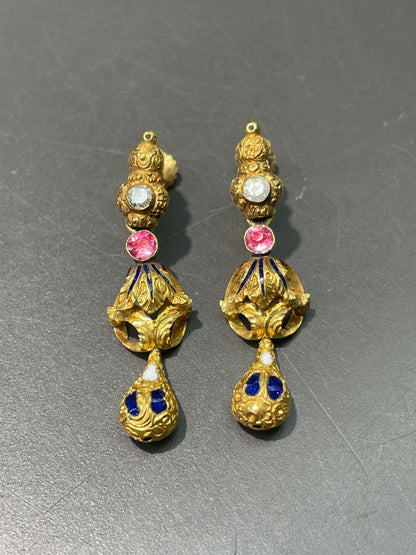 Antique Victorian Etruscan 22K Yellow Gold Diamond Repousse Drop Earring