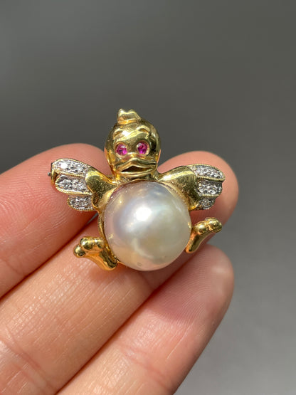 Vintage 18K Gold Pearl Ruby Diamond Duck Brooch Pendant