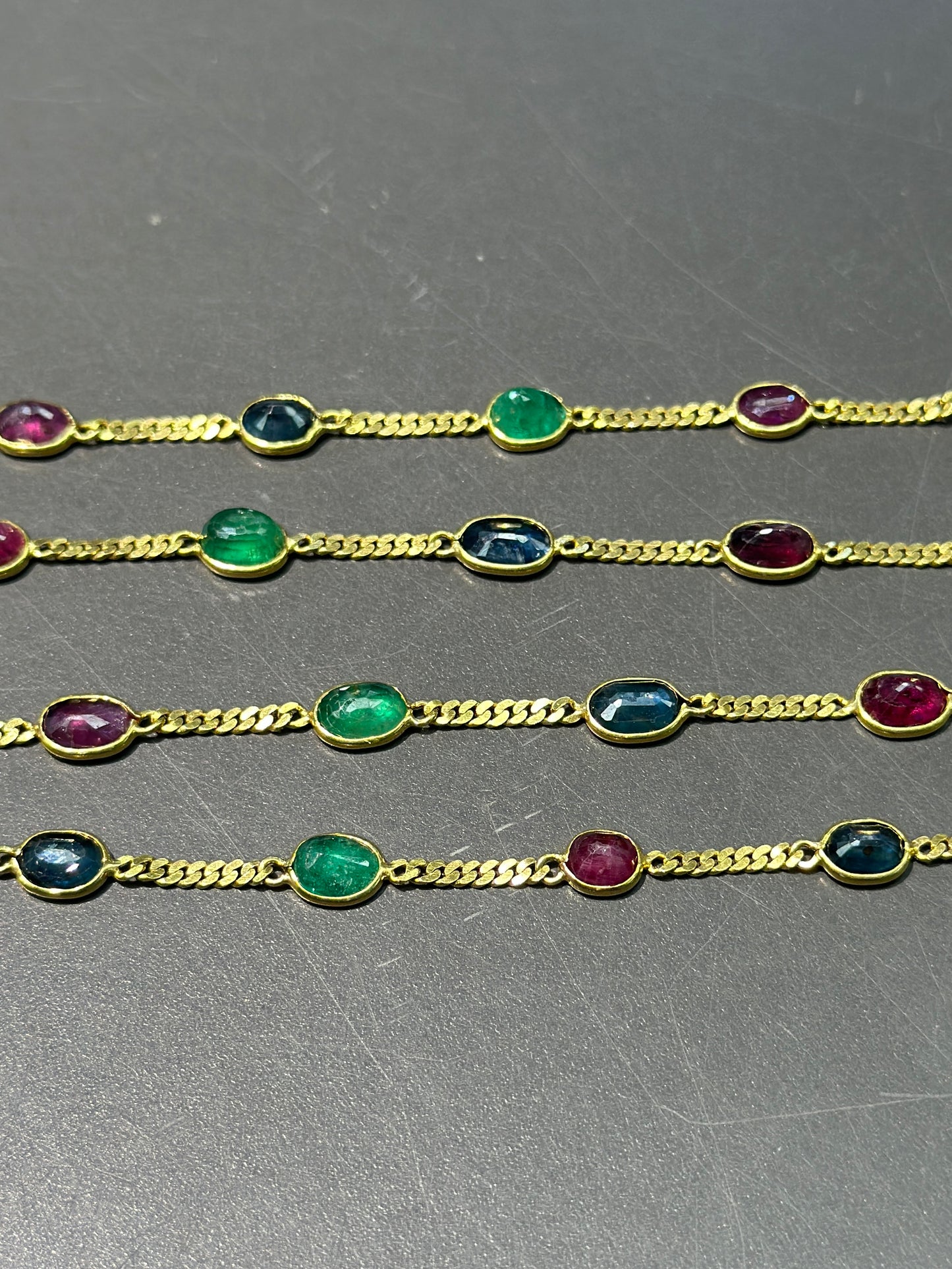 Vintage 18K Gold Emerald Sapphire and Ruby Curb Link Necklace