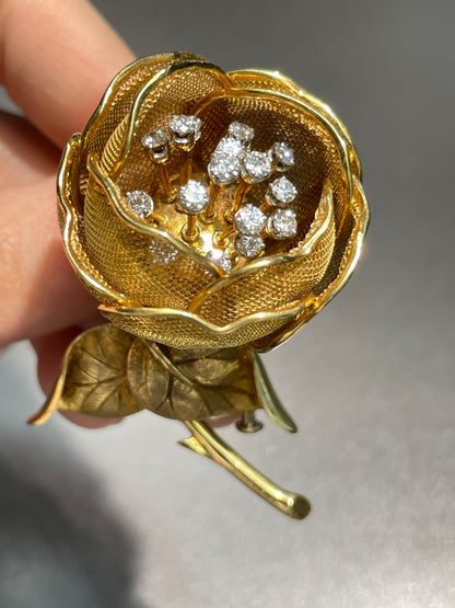 French 18K Gold 1.30 CTW Diamond En Tremblant Flower Brooch