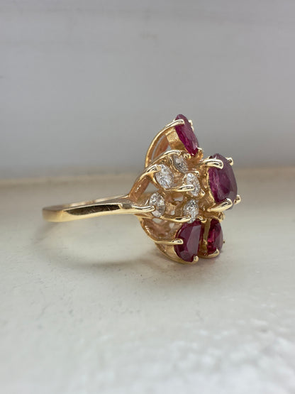 复古 14K 金红宝石钻石簇戒指