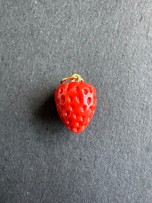 18K Gold Medium Coral Carved Strawberry Charm