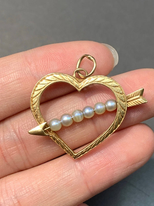 Vintage 14K Gold Pearl Arrow Through Heart Pendant