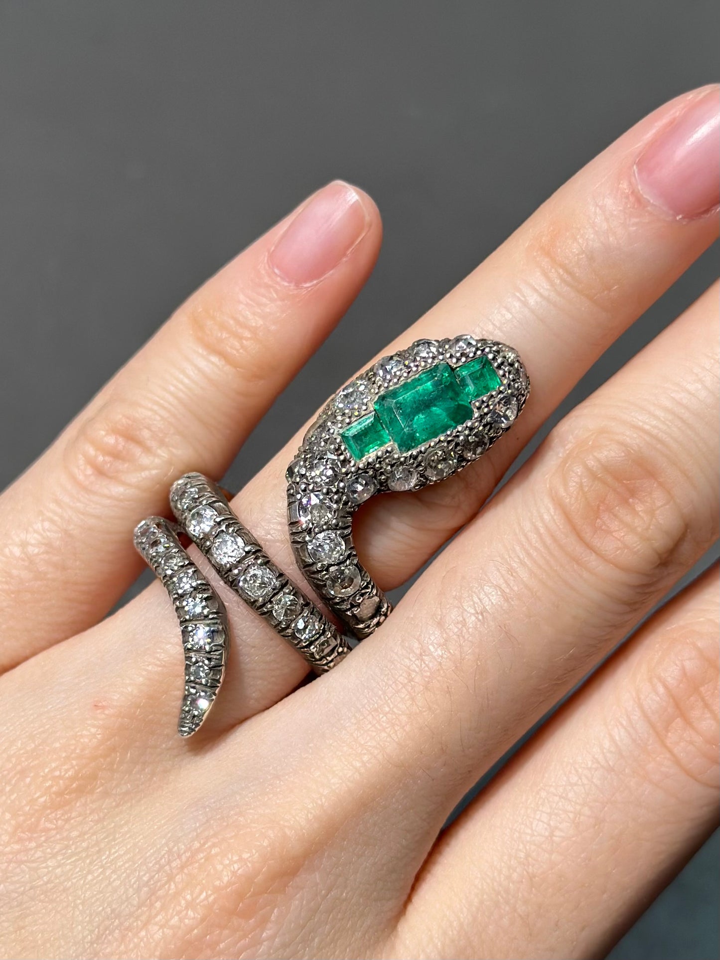 Victorian 15K Gold Diamond Emerald Snake Ring SZ 6.5