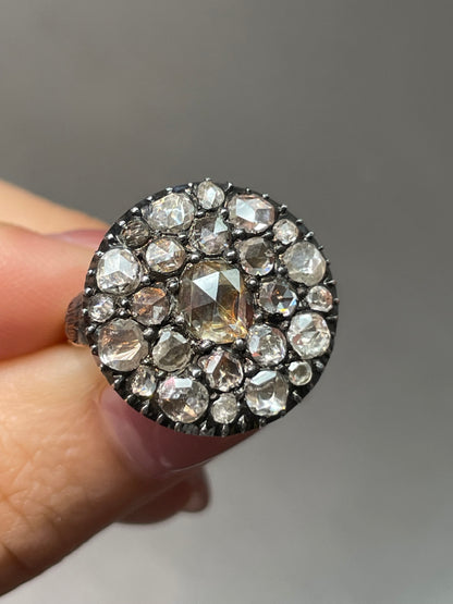 Antique Georgian 18K Yellow Gold Topped Silver 2.25 CTW Rose Cut Diamond Cobblestone Cluster Ring