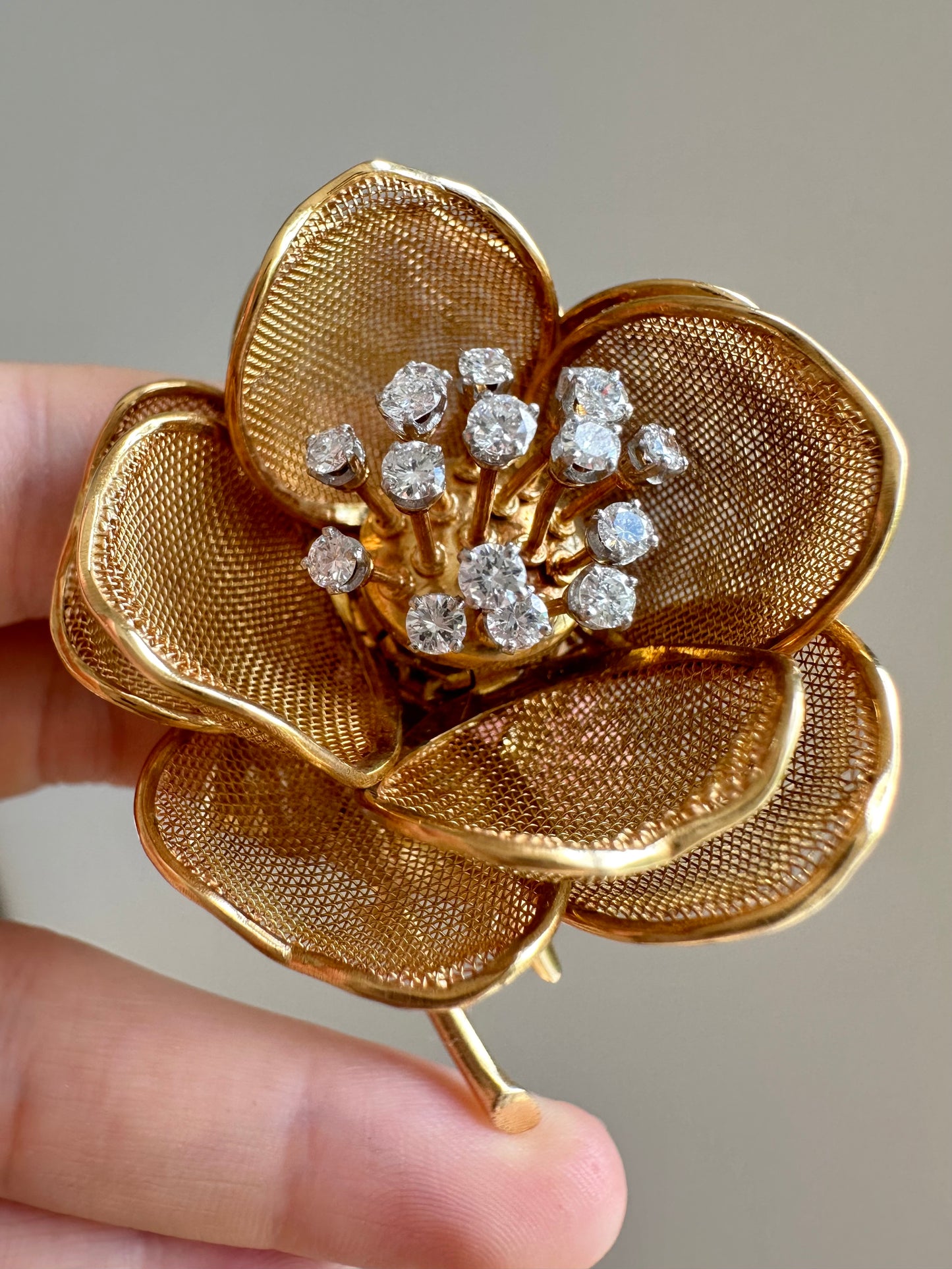 French 18K Gold Diamond Double Layer En Tremblant Flower Brooch