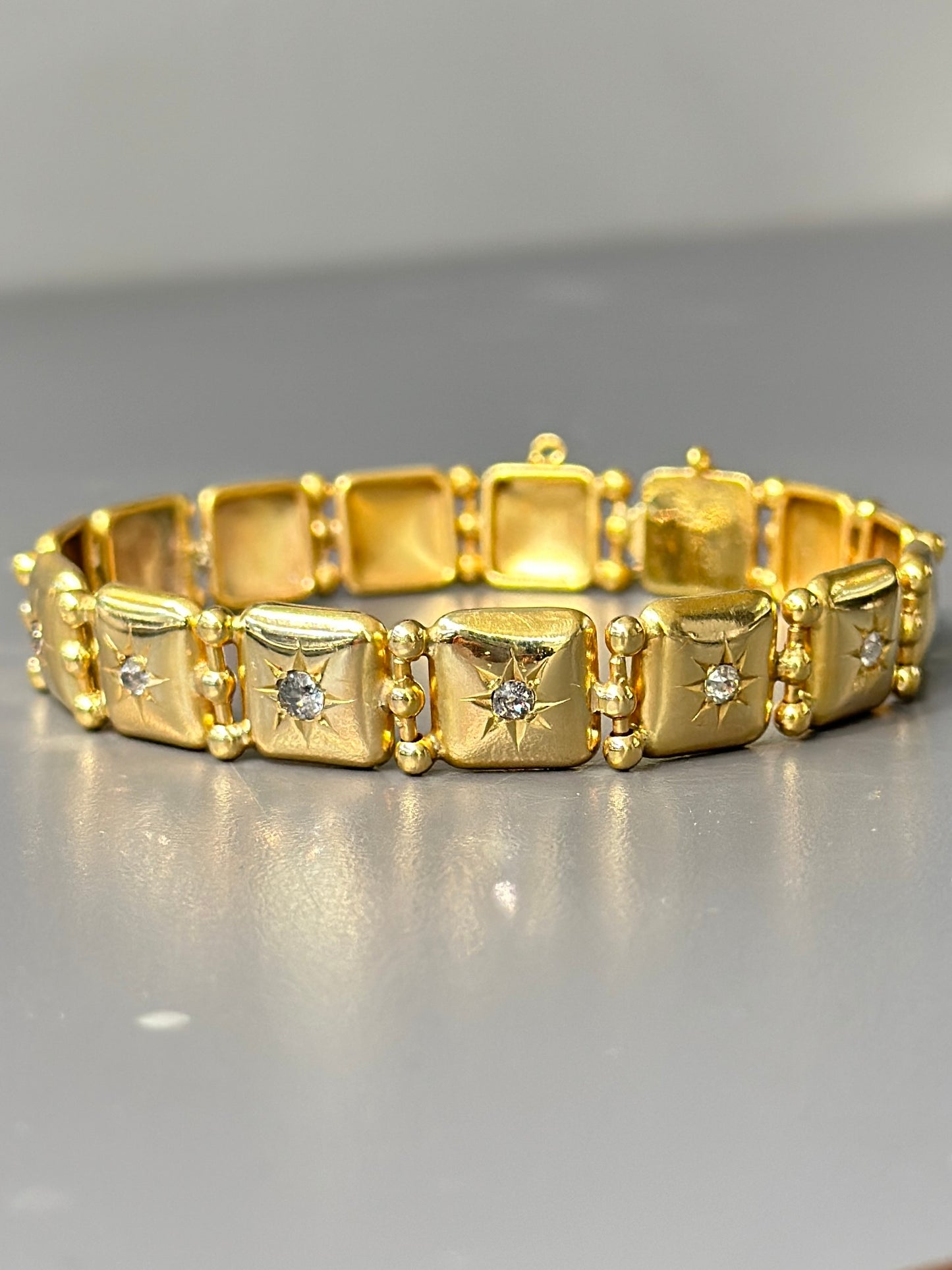 [ON RESERVE] Victorian 14K Gold Diamond Starburst Square Button Link Bracelet