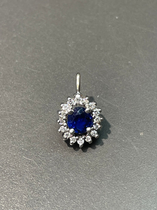 14K 白金蓝宝石钻石光环吊坠