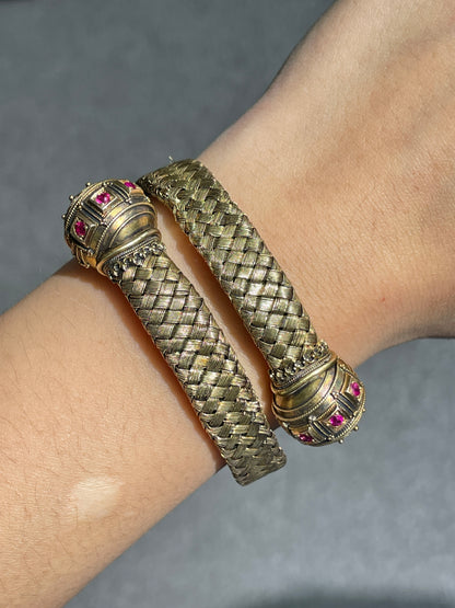 Victorian 14K Gold Ruby Orb Woven Bypass Bangle Bracelet