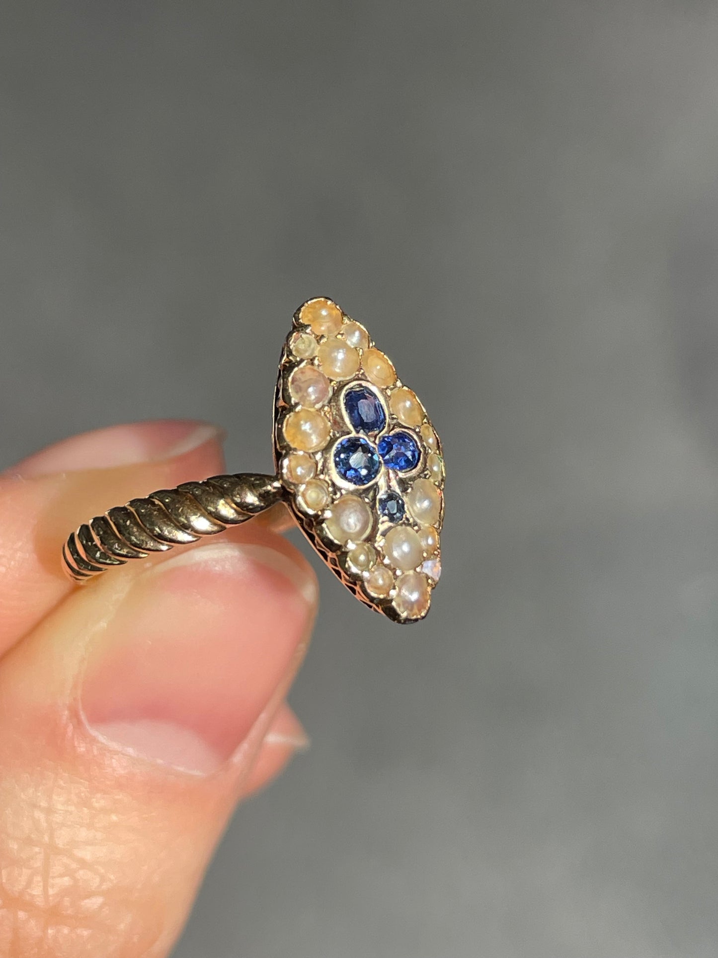 Bague Shamrock antique en or 14 carats avec perles de graines de saphir SZ 7