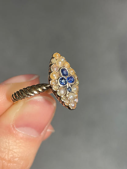 Bague Shamrock antique en or 14 carats avec perles de graines de saphir SZ 7