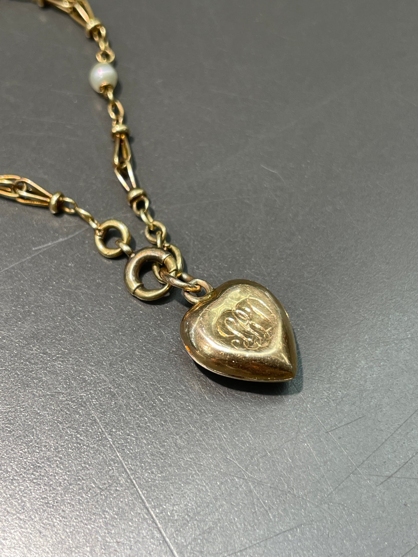Victorian 18K Gold Seed Pearl Heart Locket Bracelet