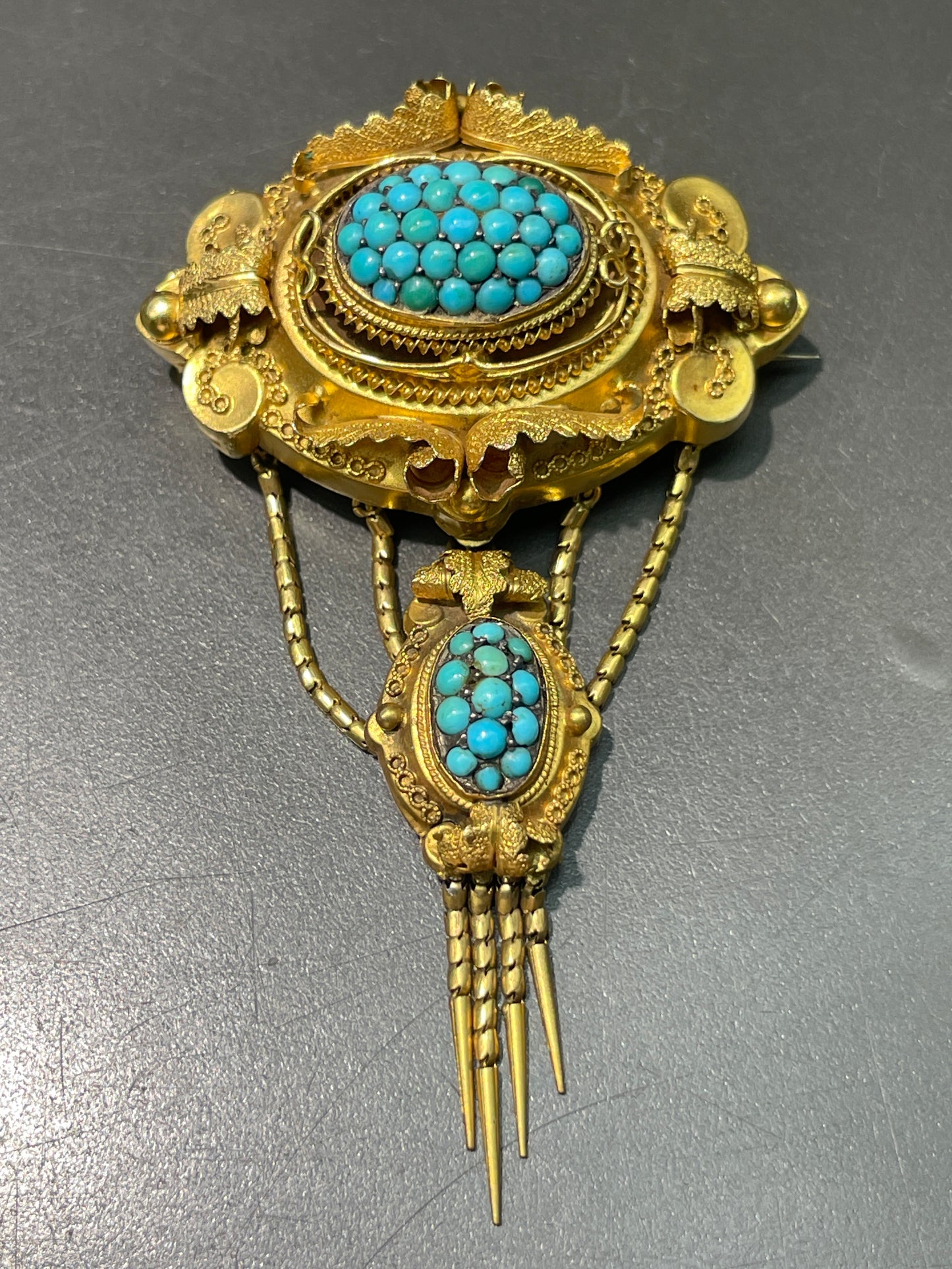 Victorian Etruscan 14K Gold Turquoise Fringe Brooch