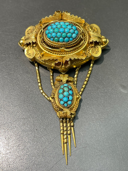 Victorian Etruscan 14K Gold Turquoise Fringe Brooch