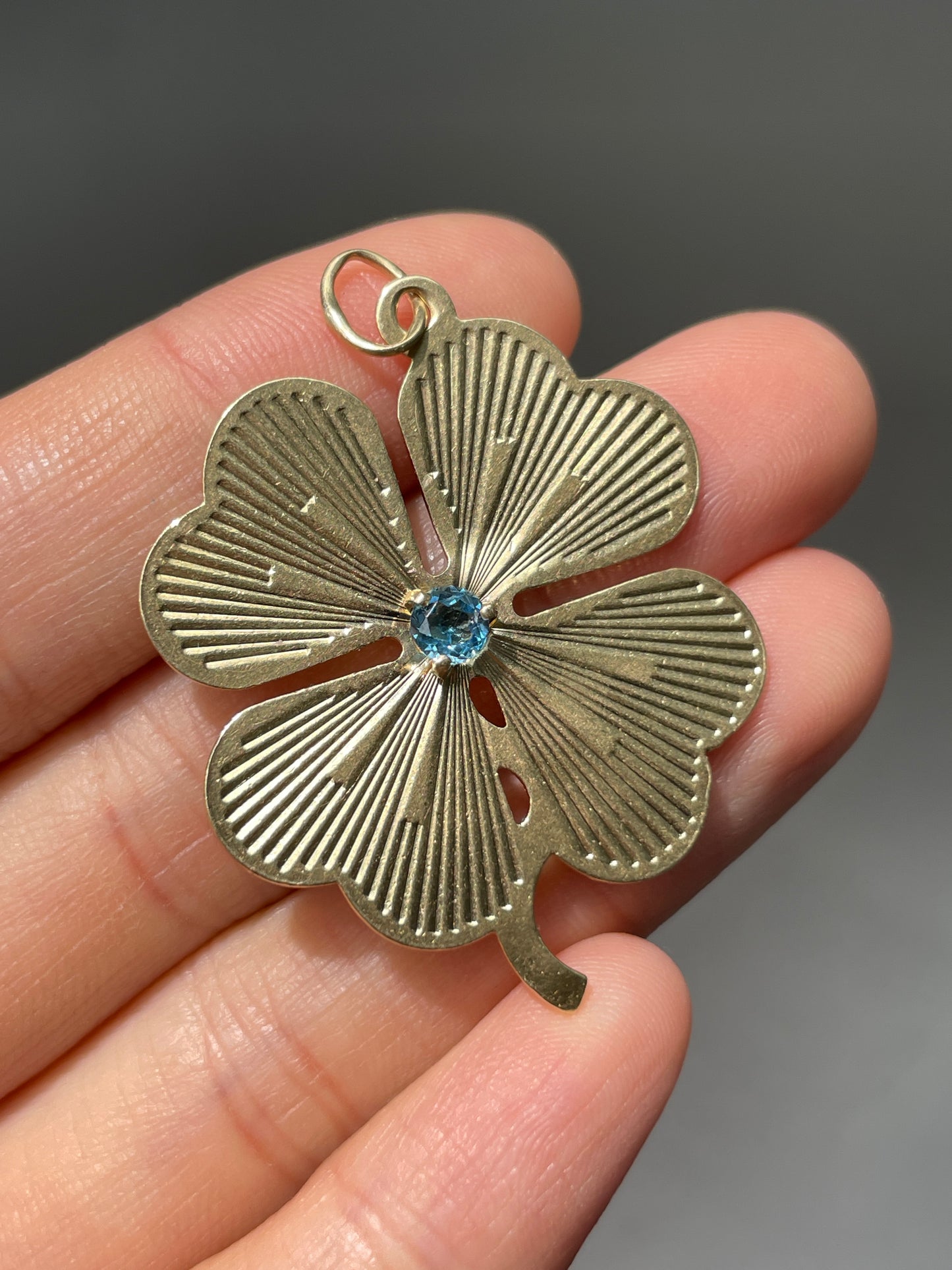 Vintage 14K Gold Large Topaz Engine Turned Clover Charm