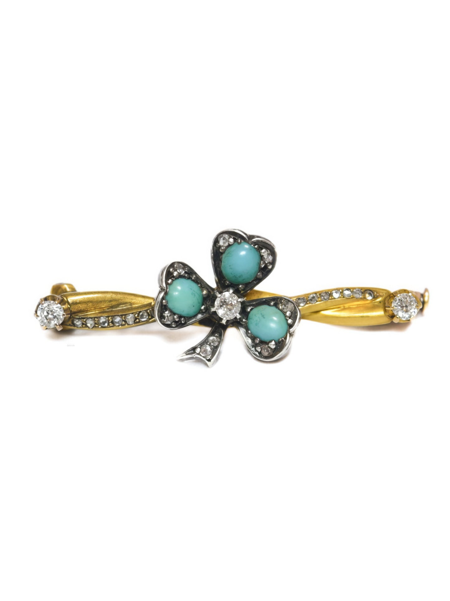 Antique 22K Gold Turquoise Diamond Shamrock Brooch