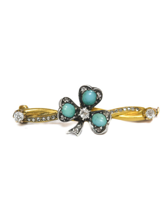 Antique 22K Gold Turquoise Diamond Shamrock Brooch