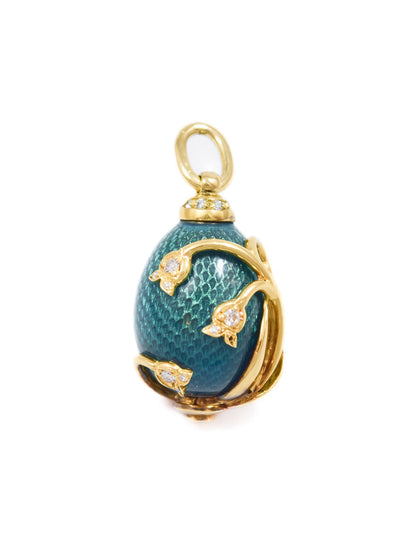 Vintage 18K Gold Diamond Lily of the Valley Guilloche Enamel Egg Pendant