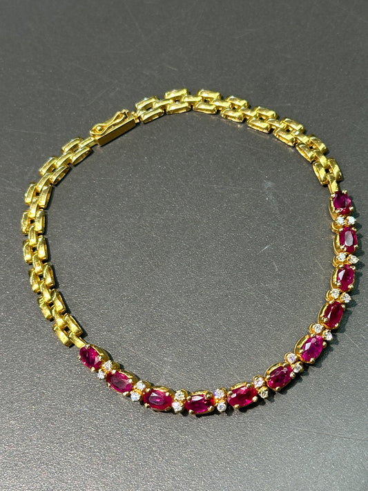 复古 18K 金天然红宝石钻石链式手链