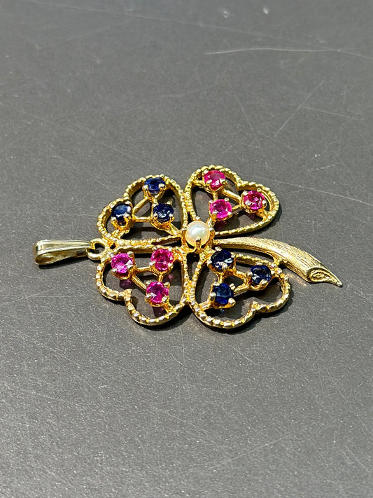 Vintage 14K Gold Ruby Sapphire Four Leaf Clover Pendant