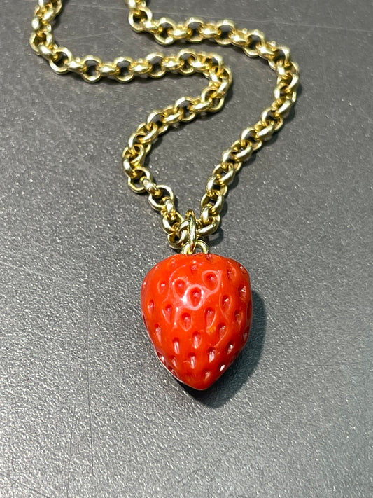 18K Gold Large Coral Carved Strawberry Charm