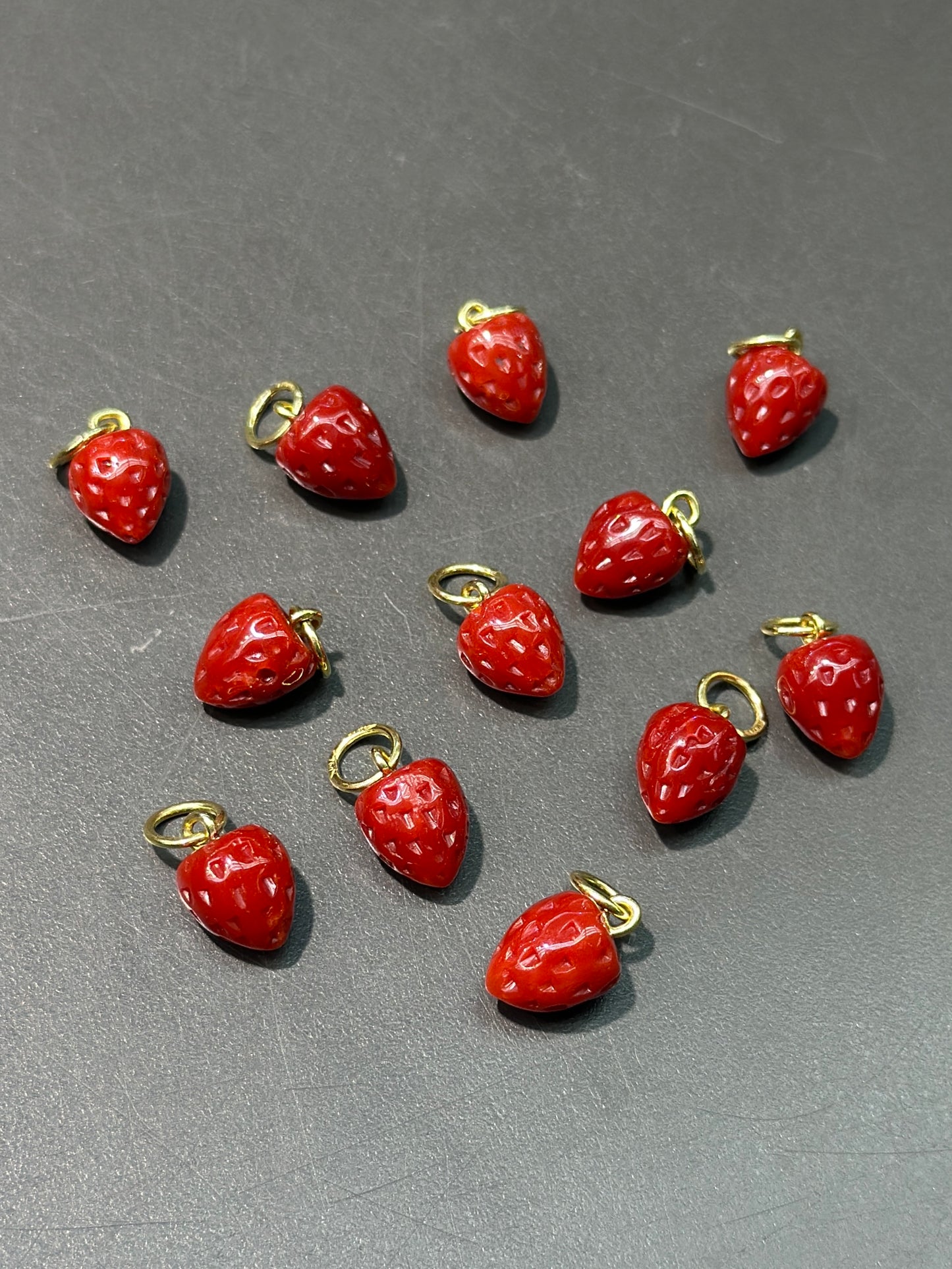 18K Gold Coral Carved Strawberry Charm