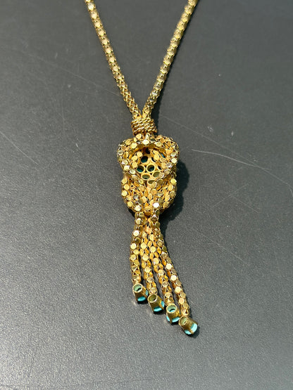 Retro 18K Yellow Gold Turquoise Popcorn Chain Tassel Necklace
