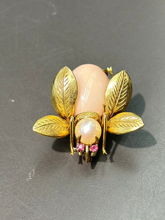 复古 14K 金珊瑚、珍珠和红宝石虫子吊饰