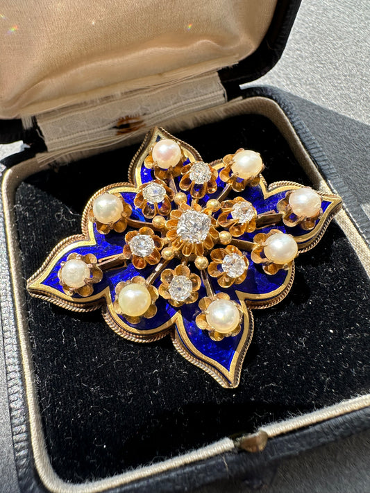 古董 14K 金珐琅天然珍珠钻石小盒胸针