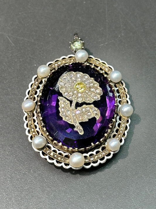 Victorian 14K Amethyst and Rose Cut Flower Engraved Pendant