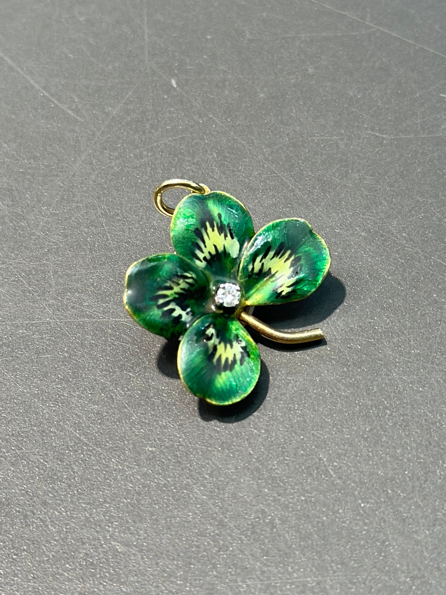 Art Nouveau 14K Gold Enamel Clover Shamrock Charm