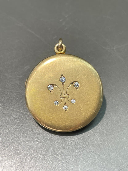 Antique 14K Gold 0.18 CTW Diamond Fleur De Lis Locket Pendant