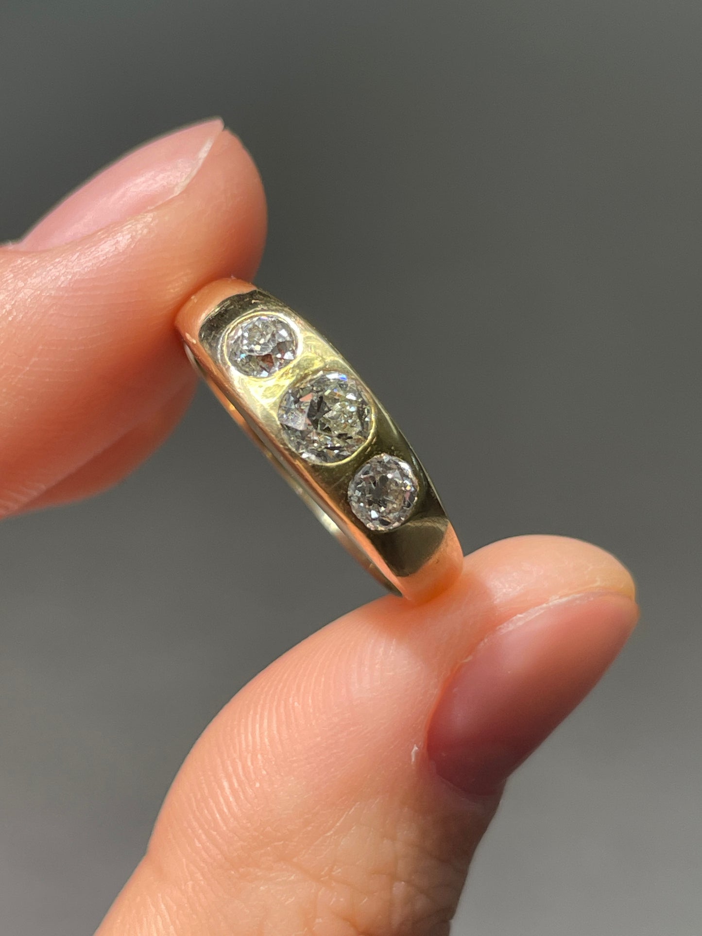 Antique 14K Gold Three Stone Old Mine Cut Diamond Gypsy Ring