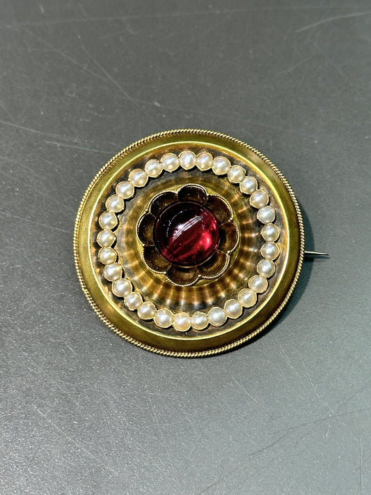 Victorian 14K Gold Almandine Garnet and Seed Pearl Brooch