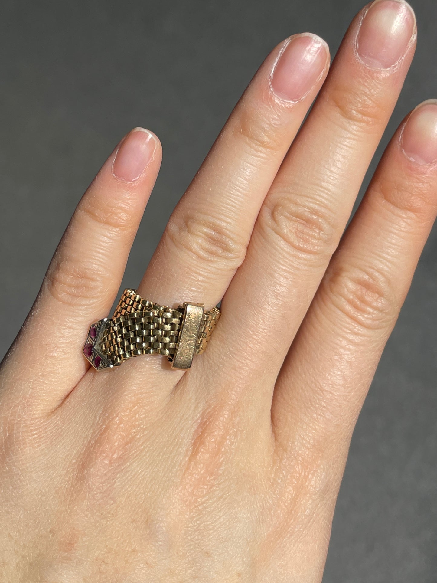Retro 14K Gold Ruby Buckle Belt Ring