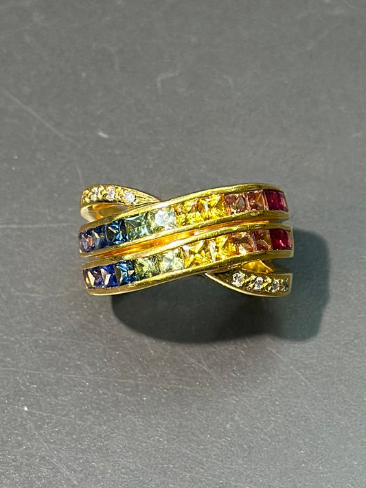 18K 金彩虹蓝宝石戒指 尺寸 7