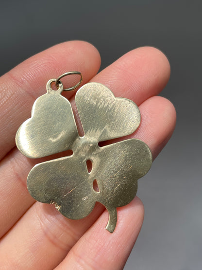 Vintage 14K Gold Large Topaz Engine Turned Clover Charm