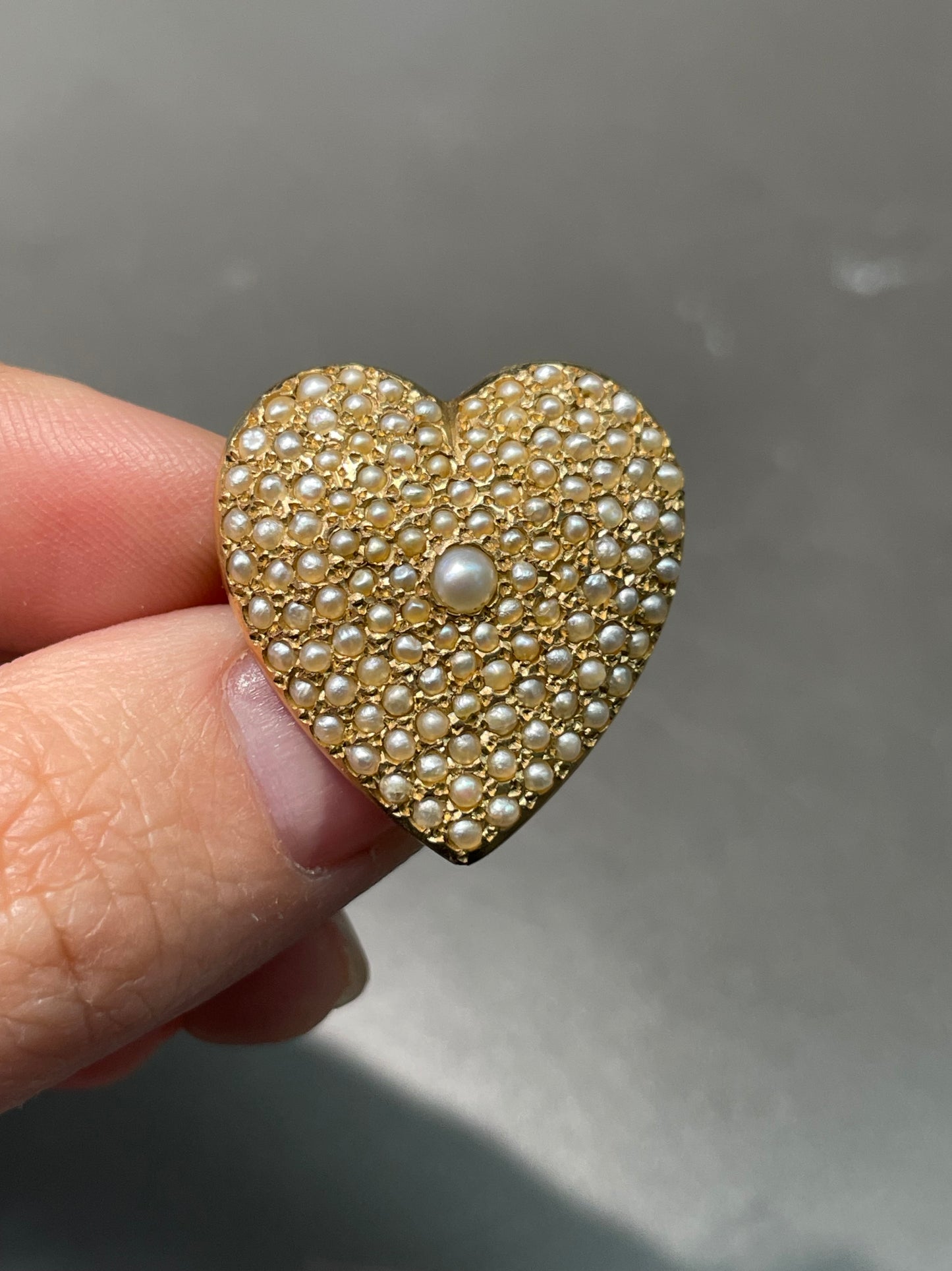 Vintage 14K Yellow Gold Pavé Seed Pearl Heart Brooch