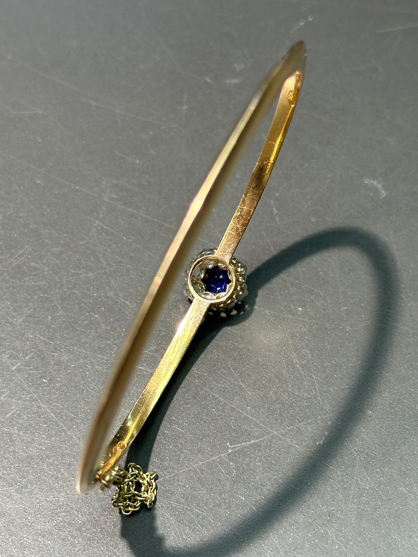 Antique French 18K Gold Natural Sapphire Diamond Halo Bangle Bracelet